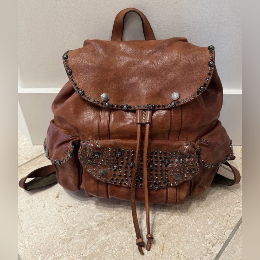 Campomaggi Teodorano Cognac Leather Big Backpack with Studs "Diamante" $925 USD